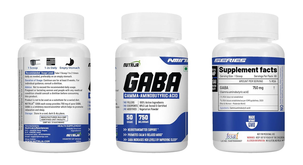NutriJa GABA Powder 50g | Gamma Aminobutyric Acid 750mg Supplement | Supports Calm Mood, Relaxation, Focus & Night-Time Routine | Pure Unflavoured Powder - 66 Servings