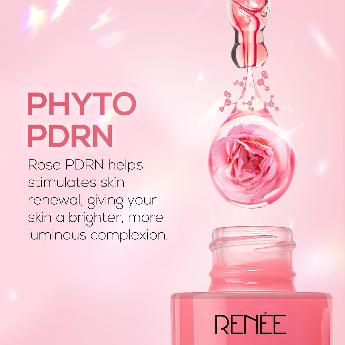 Pink skincare product with rose and text on a pink background, featuring the brand 'RENEØ®'.