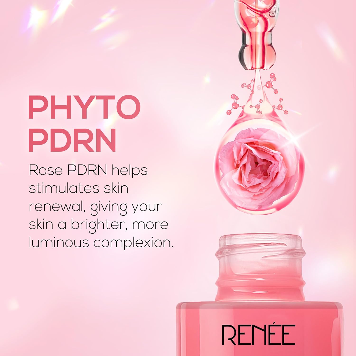 Pink skincare product with rose and text on a pink background, featuring the brand 'RENEØ®'.
