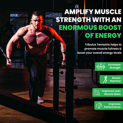 Muscular man exercising in a gym with promotional text about Tribulus Terrestris benefits.
