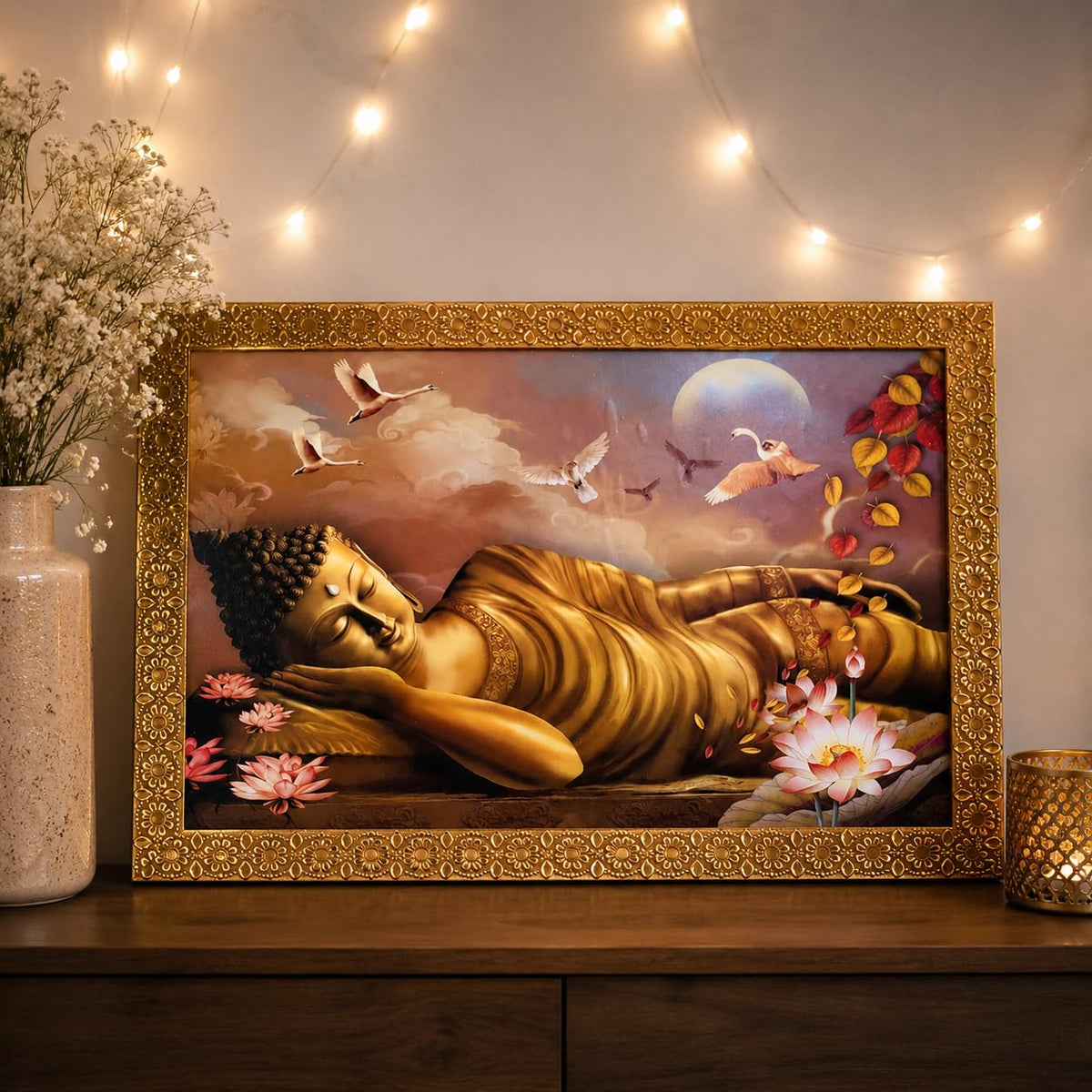 Buddha Art Framed Painting for Luck, Prosperity | Ready to Hang (Wooden Frame, 12inch x 18 inch, Golden)