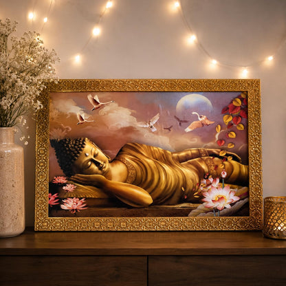 Buddha Art Framed Painting for Luck, Prosperity | Ready to Hang (Wooden Frame, 12inch x 18 inch, Golden)