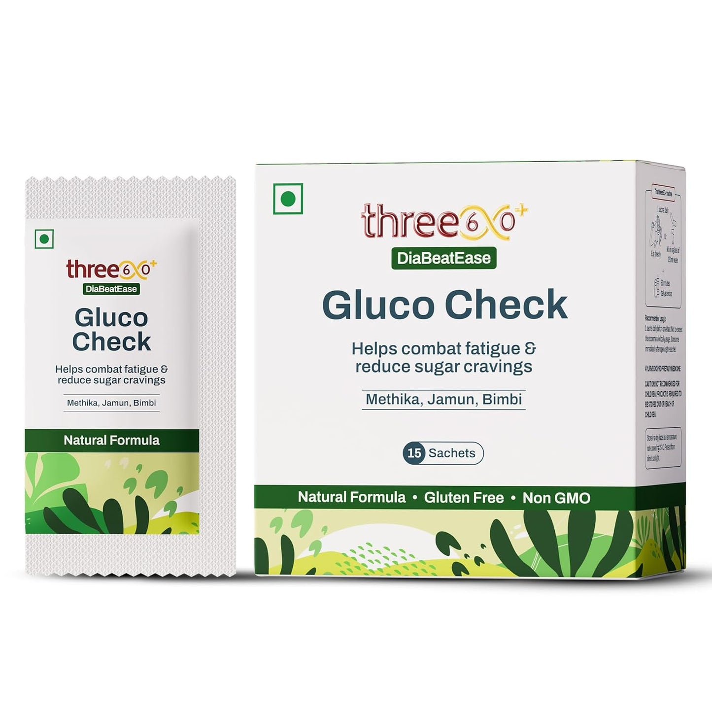 three60+ Gluco Check Powder | Diabetic Care & Diabetes Control Powder | Clinically Proven Diabetic Supplement for Blood Sugar Level | Better than Juice with Only Jamun, Karela | Natural, Non-GMO, Gluten Free | 15 Sachets | 15 Day Pack (Pack of 1)