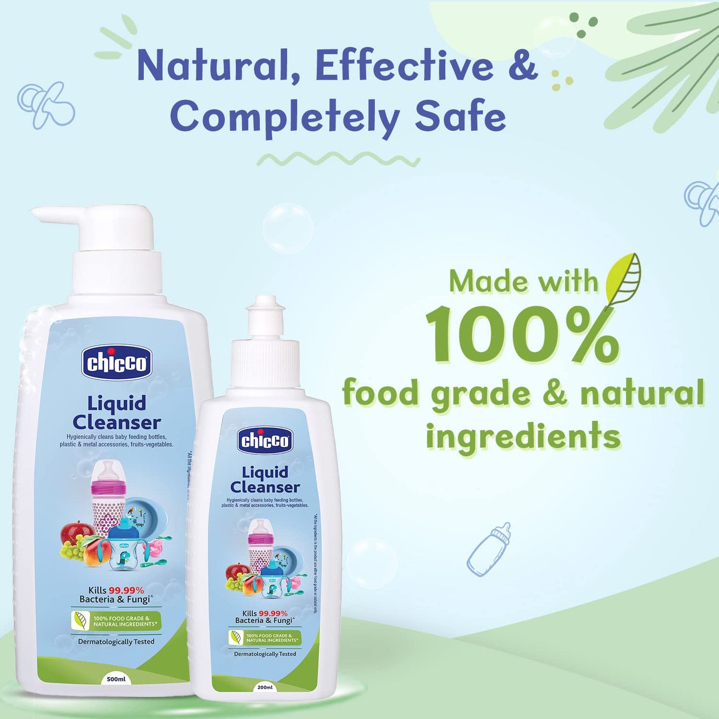 Chicco Liquid Cleanser 200ml I 100% Food Grade & Natural Ingredients I Kills 99.99% germs I Effective cleaning of baby Bottles, Nipples, Accessories and Toys I Baby safe & Dermatologically Tested