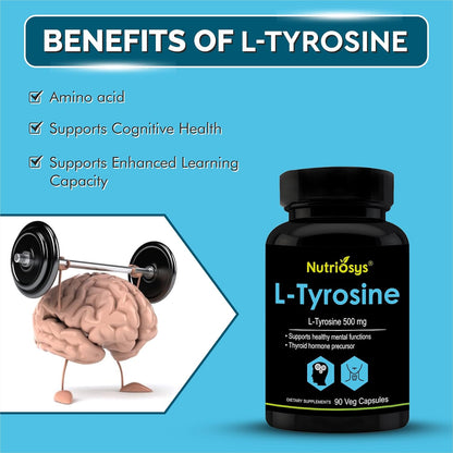 Nutriosys L-Tyrosine 500mg Supports Cognitive Health & Brain Function, Essential For Thyroid Functions - 90 Veg Capsules