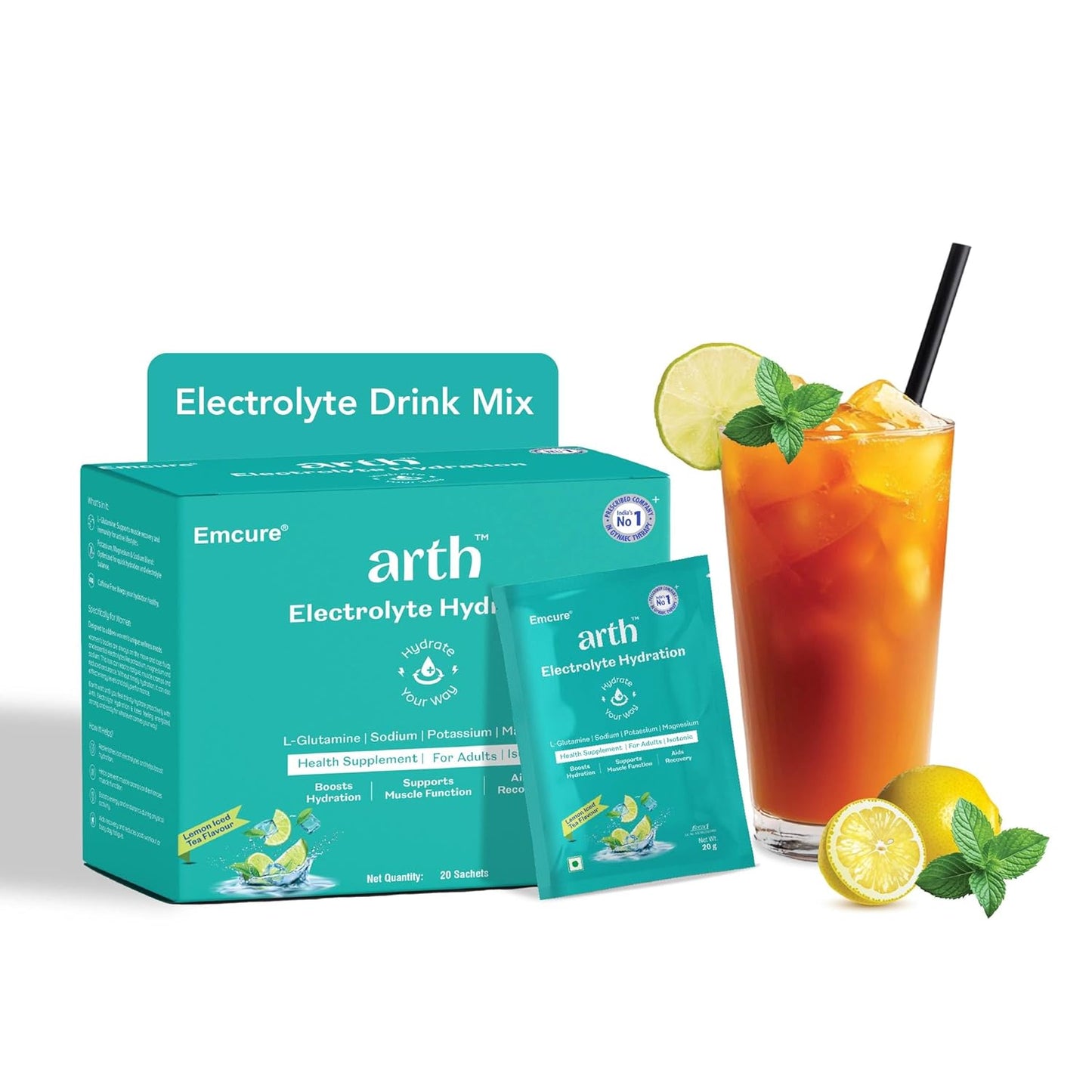 Arth Electrolyte Powder for Quick & Daily Hydration | With L-Glutamine, Potassium & Magnesium | Low Sodium Hydration Drink | Supports Muscle Recovery & Immunity | Lemon Iced Tea Flavour | 20 Sachets
