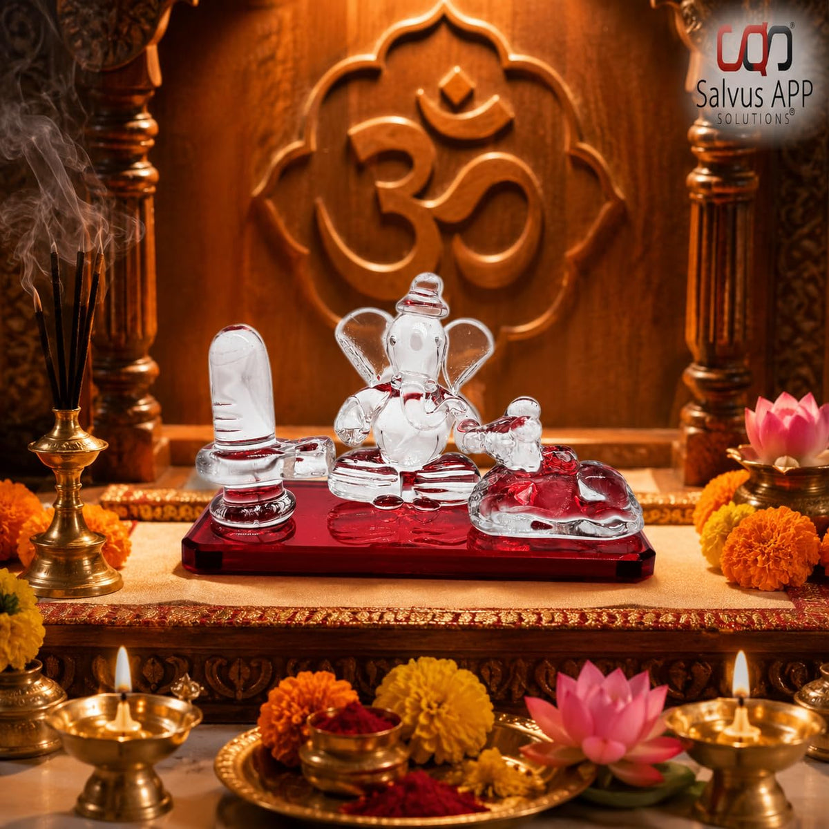 Crystal Glass Shiva Ganesha Nandi Statue, Decorative Religious Showpiece for Home, Temple & Office, Red Hindu God Idol for Pooja Room & Spiritual Decor, 4 x 2.5 Inch