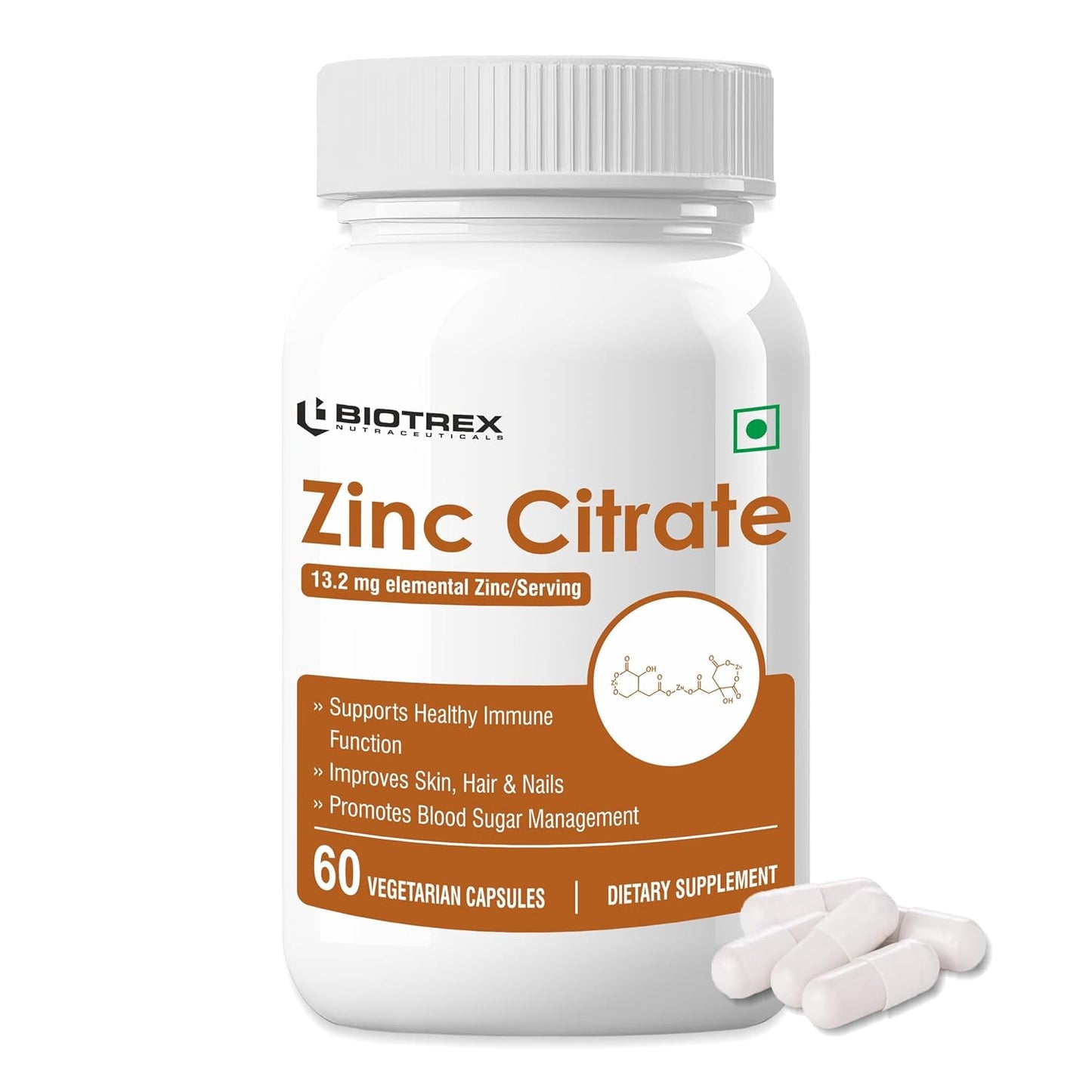 Biotrex Nutraceuticals Zinc Citrate Supplement | Immunity & Growth | Better Immune System & Overall Healing | Well Absorbed Zinc | 60 Veg Capsules