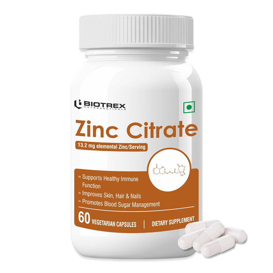 Biotrex Nutraceuticals Zinc Citrate Supplement | Immunity & Growth | Better Immune System & Overall Healing | Well Absorbed Zinc | 60 Veg Capsules