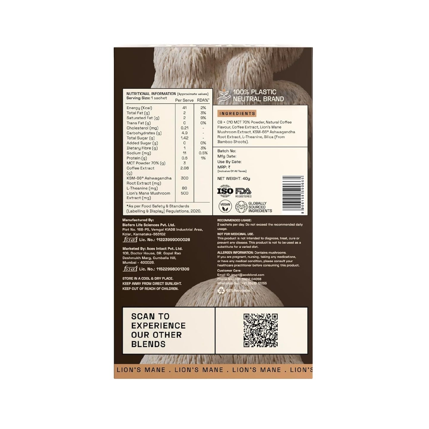 Ace Blend Lions Mane Shroom Coffee (5 Serves) | 500mg Lion's Mane Extract | KSM-66 Ashwagandha | L-Theanine & MCT Powder | Focus | Memory | Cognitive Support | Instant Coffee | Medium Roast Blend