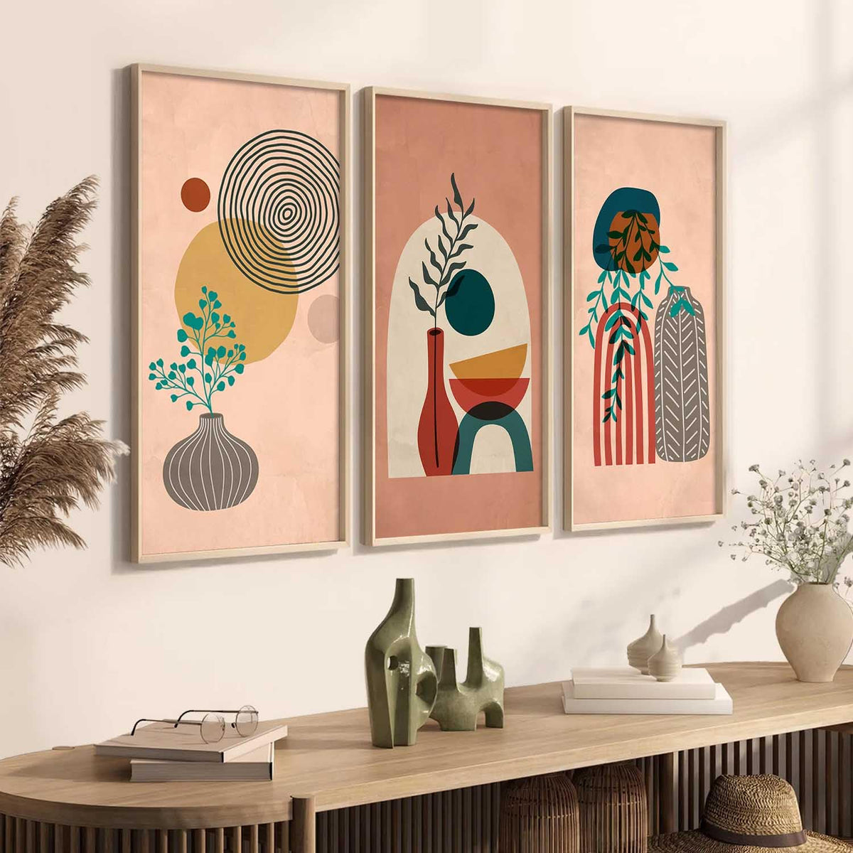 Boho Decorative Modern Wall Art Home Dacor Abstract Painting poster With Frame For Living Room Bed Room Hotel Wall Decor Digital Reprint Engineered Wood Set of 3 (Art 12, 10x19 inch)