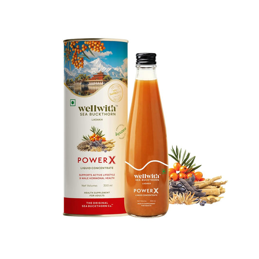 Wellwith (Ayuzera) PowerX 300ml Sea Buckthorn with Ashwagandha,Safed Musli, Gokhru & Akarkara | HimalayanSeabuckthorn Pulp Juice For Men (Pack of 1)