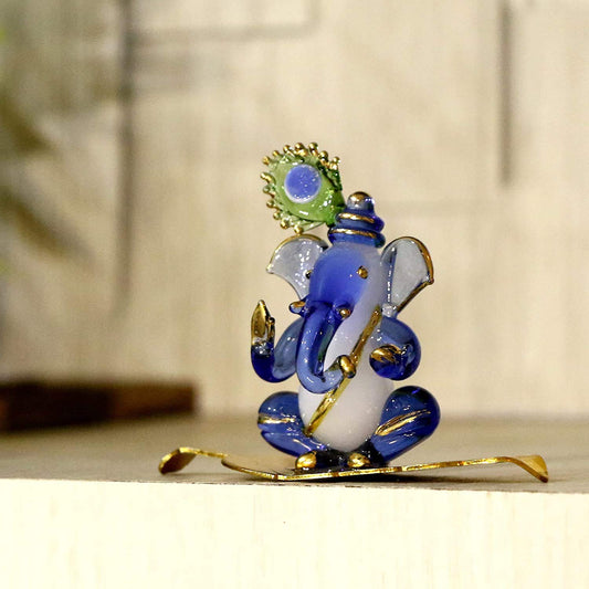 Decorative Ganesh Statue – Leaded Crystal, Sitting on Leaf, Multicolor, Pack of 1