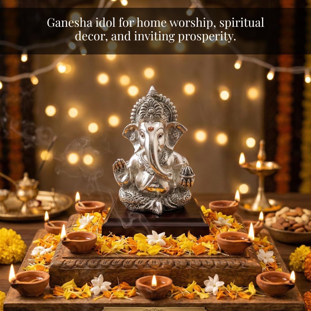 Dev Aastha 999 Silver Plated Lord Ganesha Idol Sitting with Intricate Detailing - Vighnaharta Showpiece for Prosperity and Good Fortune - Premium Anti-Tarnish Murti for Temple and Desk