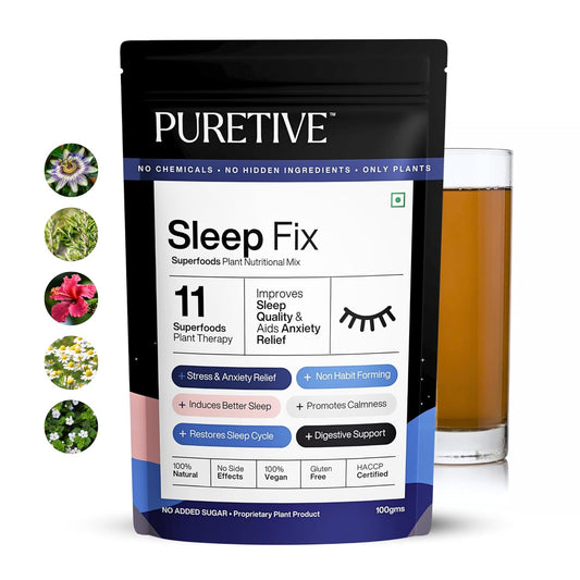 PURETIVE Sleep Fix package with a glass of tea on a white background