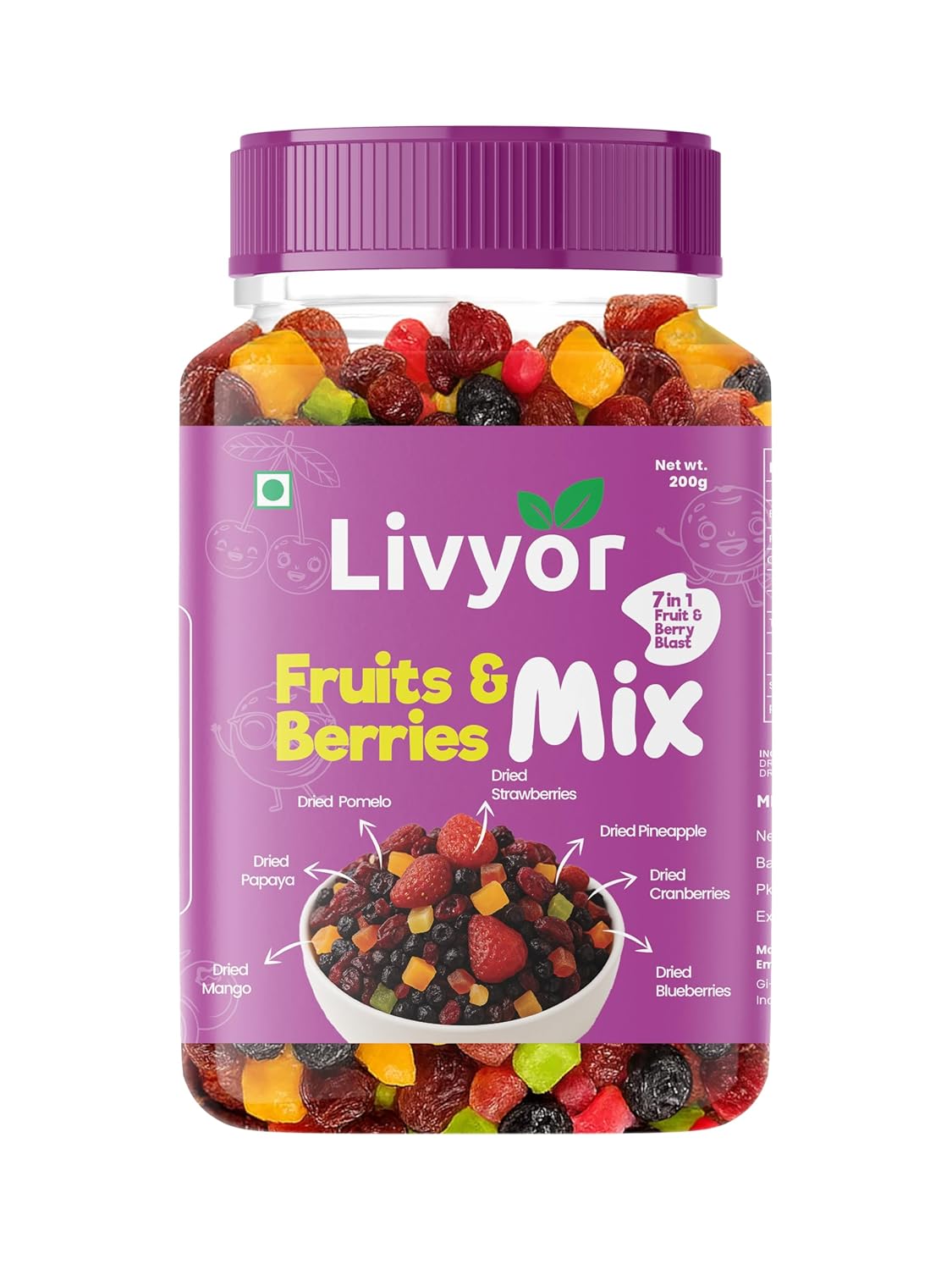 Livyor 7 in 1 Dried Fruits and Berry Mix for eating | Good Source of Fibre | Dried Cranberries | Pineapple | Pamelo | Papaya | Blueberries | Strawberries | Mango | Fruits & Berry Blast | Berries dry fruits | Berries fresh | Pack of 1