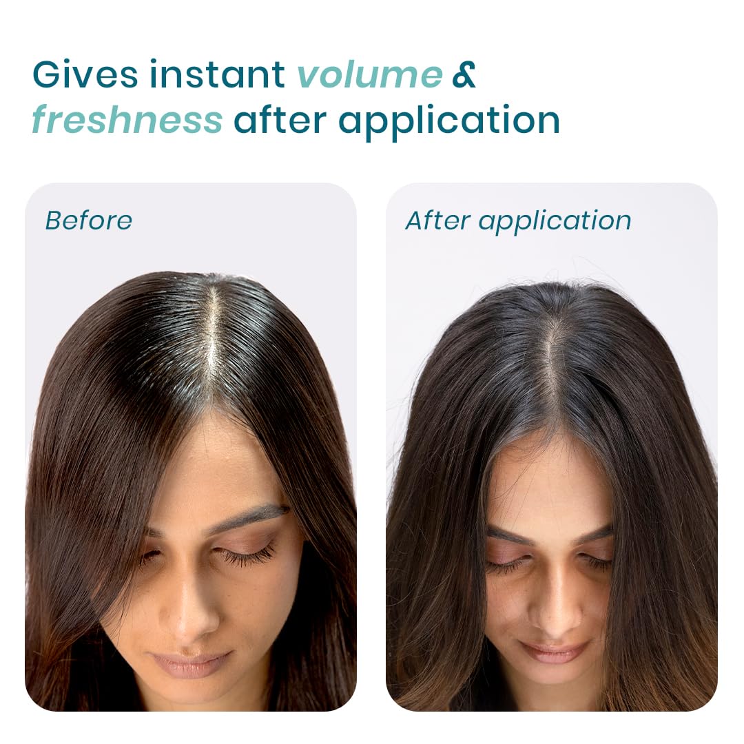 Before and after comparison of hair volume and freshness with text indicating product effect.