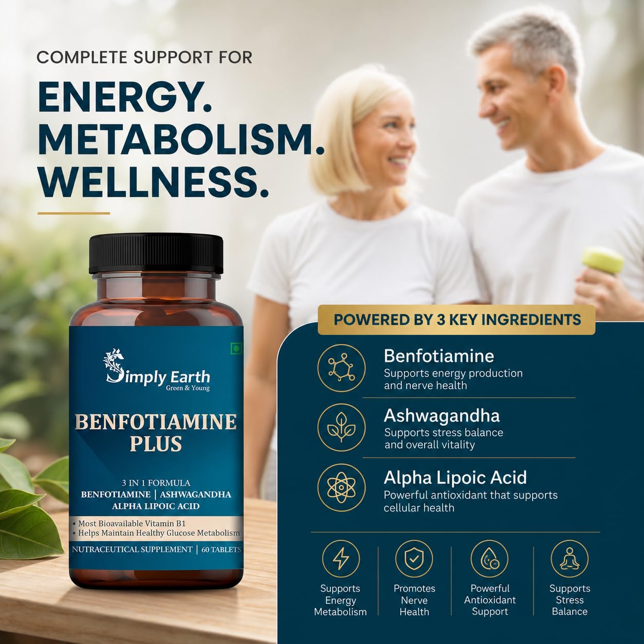 Simply Earth Benfotiamine+ 600mg with Ashwagandha & Alpha Lipoic Acid - Helps Maintain Blood Sugar Levels Supplement - Promotes Nerve Health & Metabolic Function - High Potency B1 Vitamin Supplement - 60 Tablets