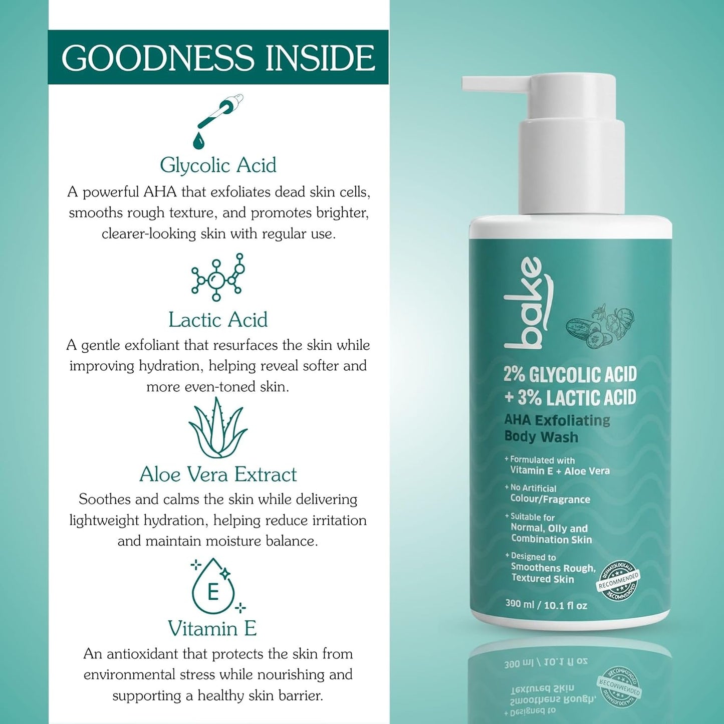BAKE 2% Lactic & Glycolic Acid Body Wash for Tan Removal, Strawberry & Uneven Skin | Anti-Bacterial & Inflammatory | For Dry, Rough & Bumpy Skin | For Women & Men | 300ml