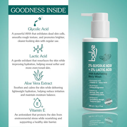 BAKE 2% Lactic & Glycolic Acid Body Wash for Tan Removal, Strawberry & Uneven Skin | Anti-Bacterial & Inflammatory | For Dry, Rough & Bumpy Skin | For Women & Men | 300ml