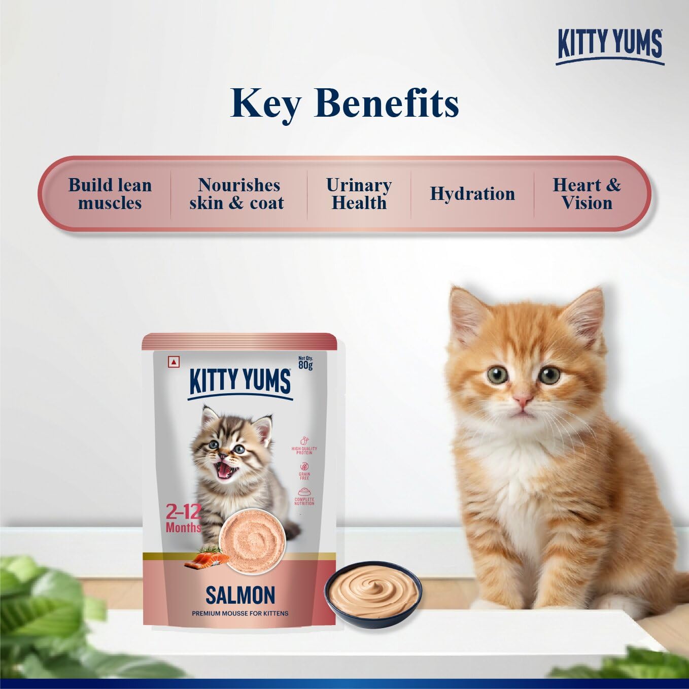Kitty Yums Kitten Wet Mousse 80g | Salmon | Rich in Protein | Promotes Hydration & Easy to Digest | Grain Free | No Artificial Flavours | Packed with Essential Vitamins & Antioxidants