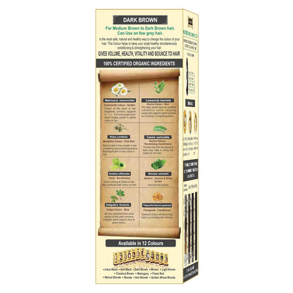 Hair color packaging with dark brown hair care information on a white background