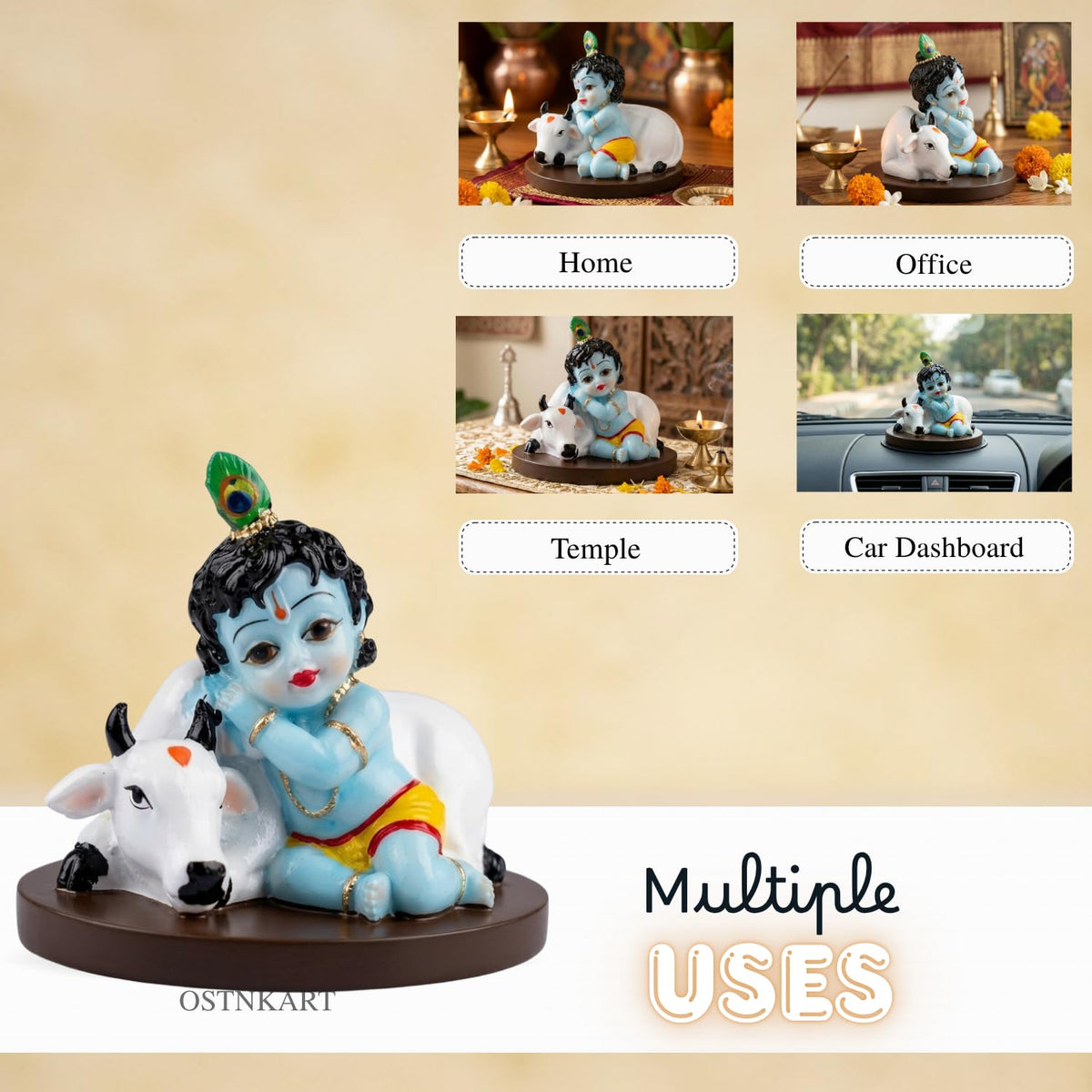 Krishna Idol for Car Dashboard, 3.5 Inch Multicolour Resin Statue | Lord Krishna Showpiece for Home, Office & Pooja Room | Decorative Gift Item | Size 9 x 7 x 8 cm