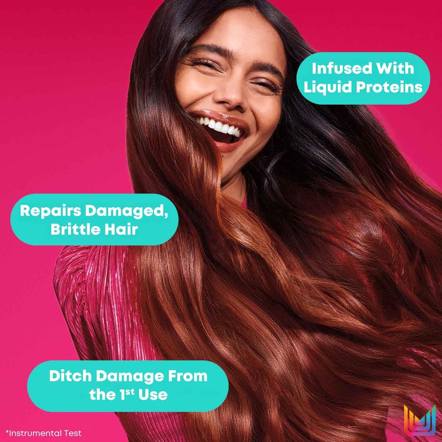 Woman with long, healthy hair against a pink background with text about hair care product benefits.