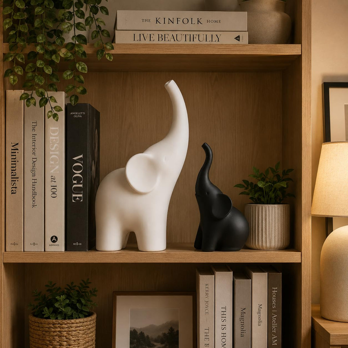 Elephant Showpiece Set for Home Decor, Matte Finish Elephant Decorative Figurines for Living Room, TV Table, Shelf Decor Lucky Elephant Statue for Housewarming Gift (Black & White,PLA Plastic)