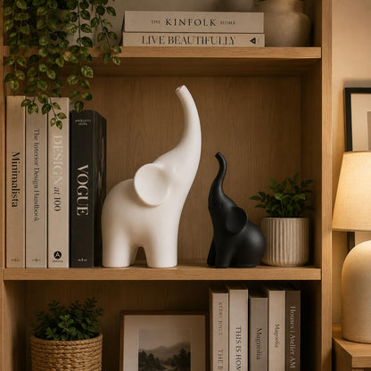 Elephant Showpiece Set for Home Decor, Matte Finish Elephant Decorative Figurines for Living Room, TV Table, Shelf Decor Lucky Elephant Statue for Housewarming Gift (Black & White,PLA Plastic)