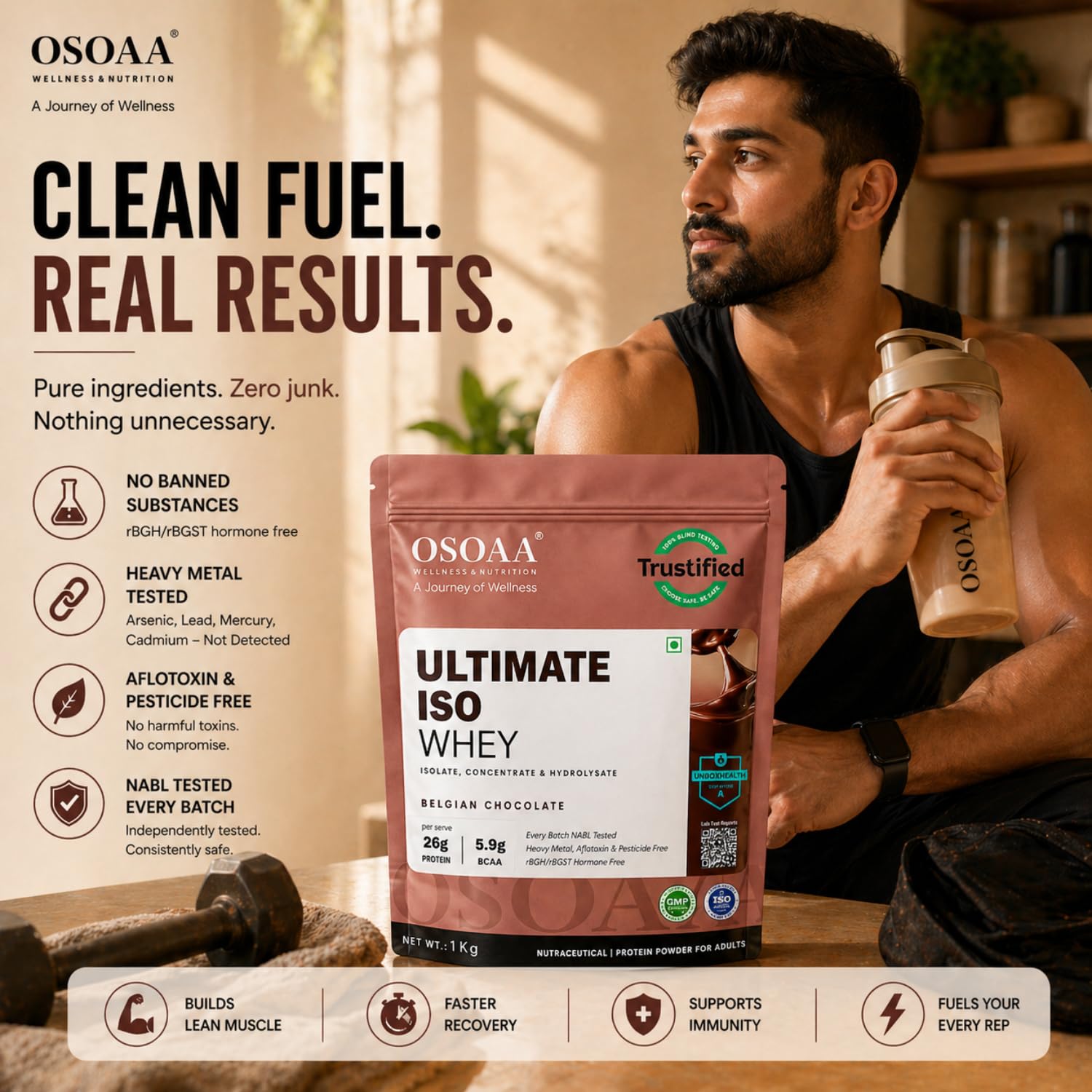 Man holding a protein shake with Osoaa Ultimate ISO Whey packaging in a kitchen setting.