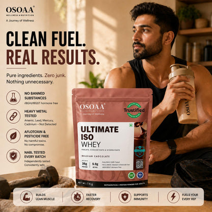 Man holding a protein shake with Osoaa Ultimate ISO Whey packaging in a kitchen setting.