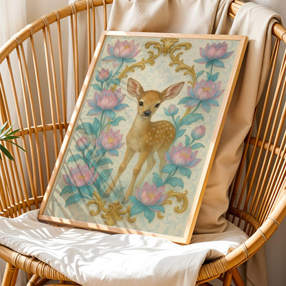 Deer & Lotus Wall Painting with Frame Set of 1 | Premium Floral Nature Artwork, Cute Fawn Animal Wall Decor for Living Room, Bedroom, Kids Room, Office and Home Decoration (3D Art-6,13x19inch)