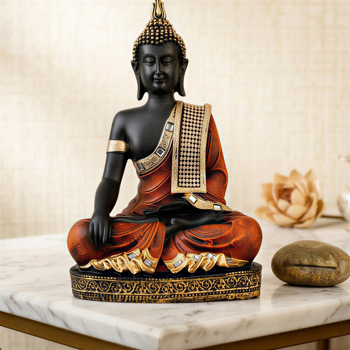 Buddha Idol Statue | Home Decoration Items for Living Room (Orange Black)