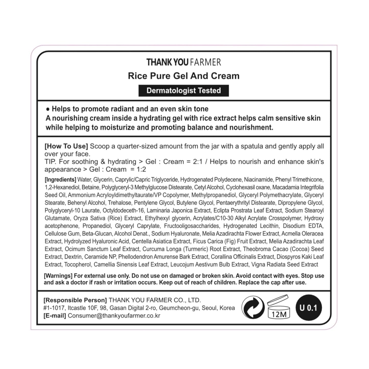 THANKYOU FARMER Rice Pure Gel & Cream (80ml) 2-In-1 Moisturizer With Blend Of Soothing Gel, Hydrating, Nourishing Cream for Dry & Sensitive Skin with Rice Extract, Ceramide & Niacinamide | Korean Daily Face Moisturizer