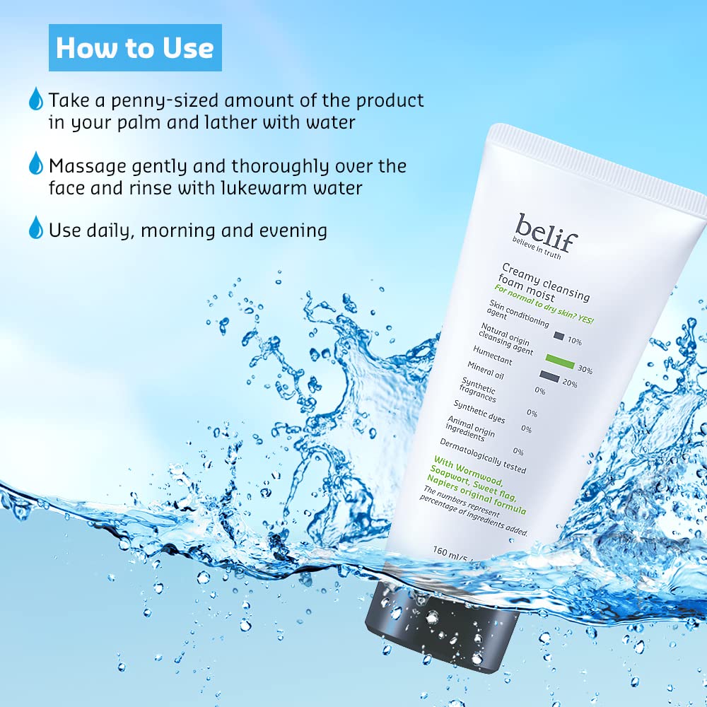 belif Creamy Cleansing Foam with usage instructions on a blue water splash background
