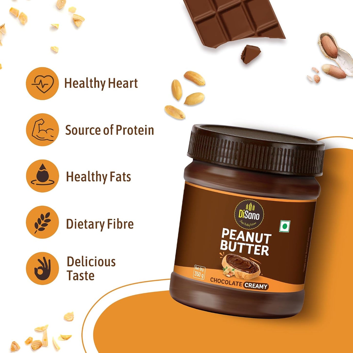 DiSano Chocolate Peanut Butter Creamy, 23g Protein & 6.4g Dietary Fibre, Tasty & Healthy Chocolate Spread for Breakfast & Snacks, Made with Premium Roasted Peanuts