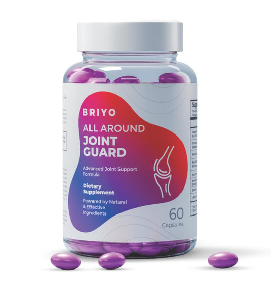 Briyo All Around Joint Guard supplement bottle with purple capsules on a white background
