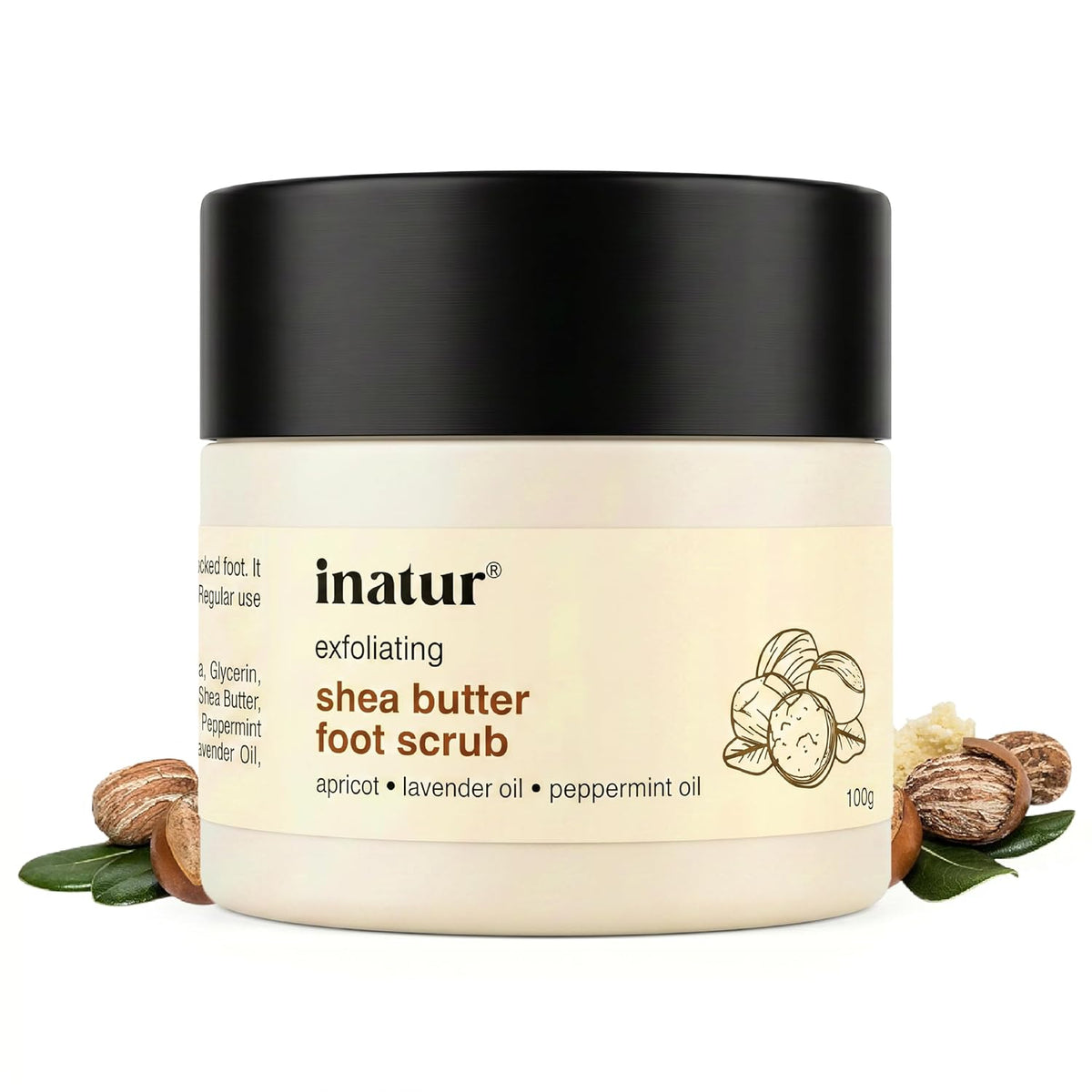 inatur Shea Butter Foot Scrub with Coconut Oil & Apricot Shell | Removes Dead Skin & Cracked Heels | Exfoliates, Softens & Smoothens Feet | With Vitamin E, Peppermint & Lavender Oils | 100g