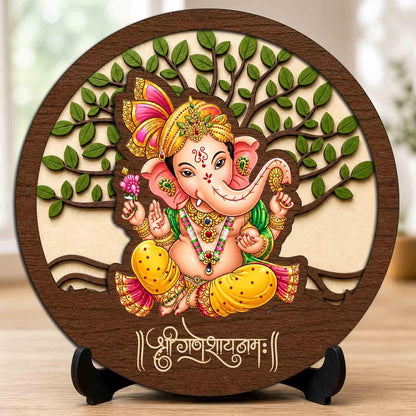 Plan To Gift Ganesh Ji Wooden Idol with Stand for Home Temple, Puja Room, Office Desk & Indoor Mandir Decor - 5x5 Inch