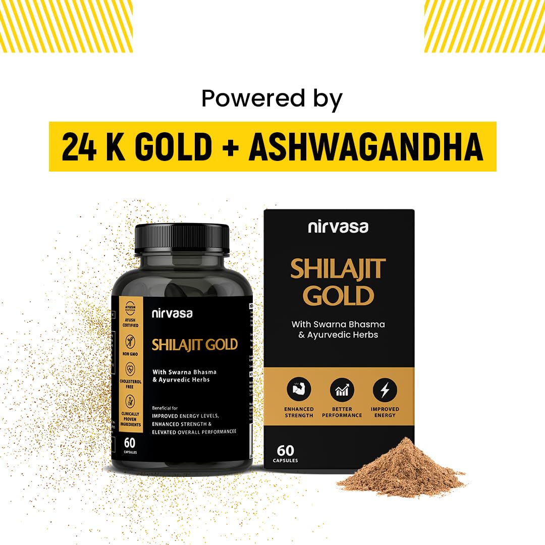 Nirvasa Shilajit Gold Capsules (60) | 100% Pure Himalayan Shilajeet with 24K Gold | Boosts Strength, Stamina, Energy & Performance | Vitality & Immunity | Gokshura, Akarkara & Safed Musli
