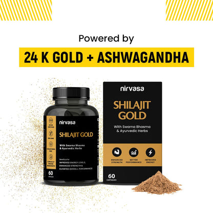 Nirvasa Shilajit Gold Capsules (60) | 100% Pure Himalayan Shilajeet with 24K Gold | Boosts Strength, Stamina, Energy & Performance | Vitality & Immunity | Gokshura, Akarkara & Safed Musli