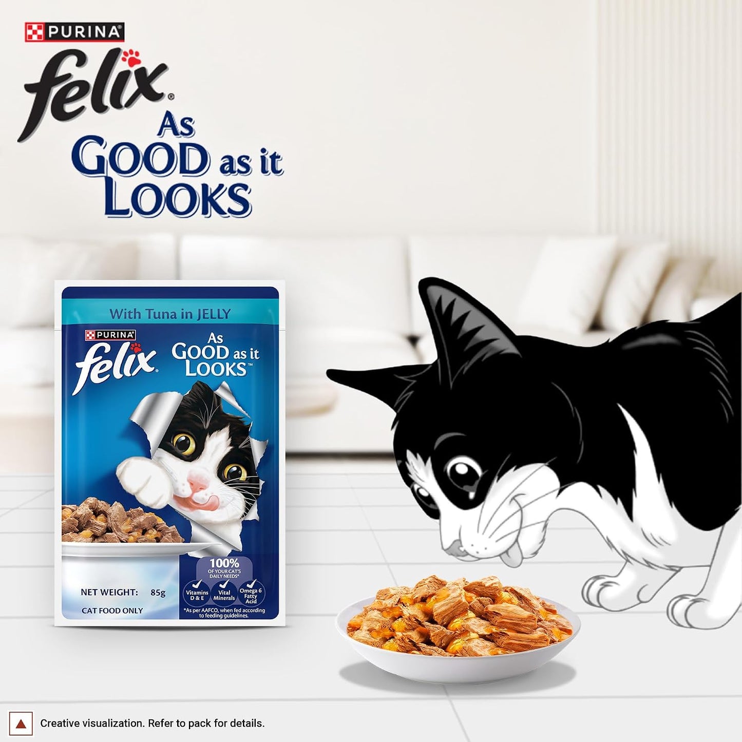 Purina Felix Tuna in Jelly, Wet Food for Adult Cats, 85g Pouch | With Tuna in Jelly, Tasty Meaty Chunks, 100% Complete & Balanced Nutrition, Vitamins D & E, Omega 6, Essential Minerals