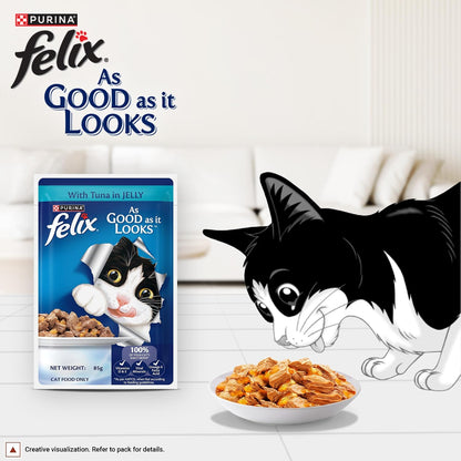 Purina Felix Tuna in Jelly, Wet Food for Adult Cats, 85g Pouch | With Tuna in Jelly, Tasty Meaty Chunks, 100% Complete & Balanced Nutrition, Vitamins D & E, Omega 6, Essential Minerals