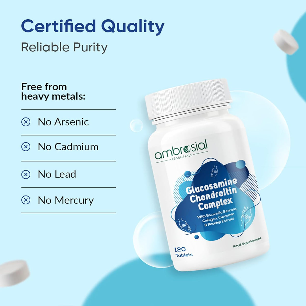 Ambrosial Glucosamine Chondroitin Complex supplement bottle with certification details on a blue background