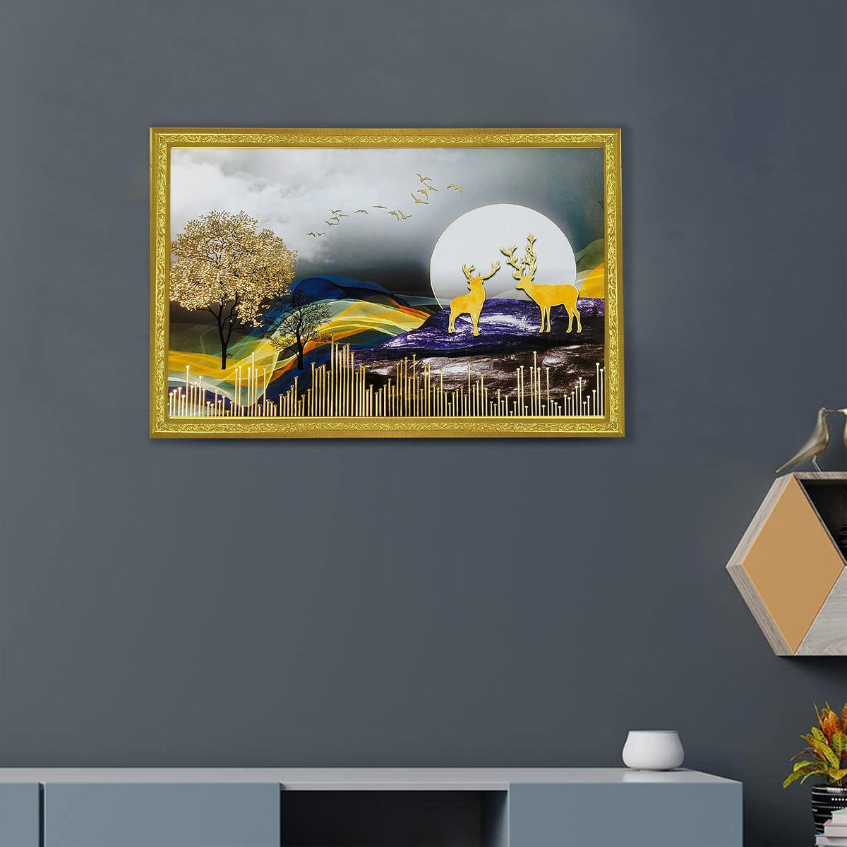 3D Golen Foil Modern Art Positive Vibes Landscape | Framed Painting | Ready to Hang - (Multicolor, 14 Inch x 20 Inch)