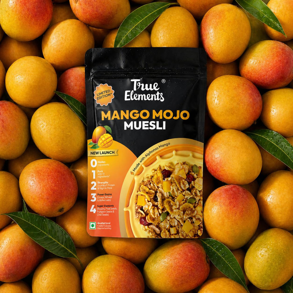 True Elements Mango Mojo Muesli 350 g with Alphonso Mango | Healthy Breakfast Cereal | High Fiber, Protein Rich | Rolled Oats, Seeds & Grains | No Added False Claims | Limited Edition