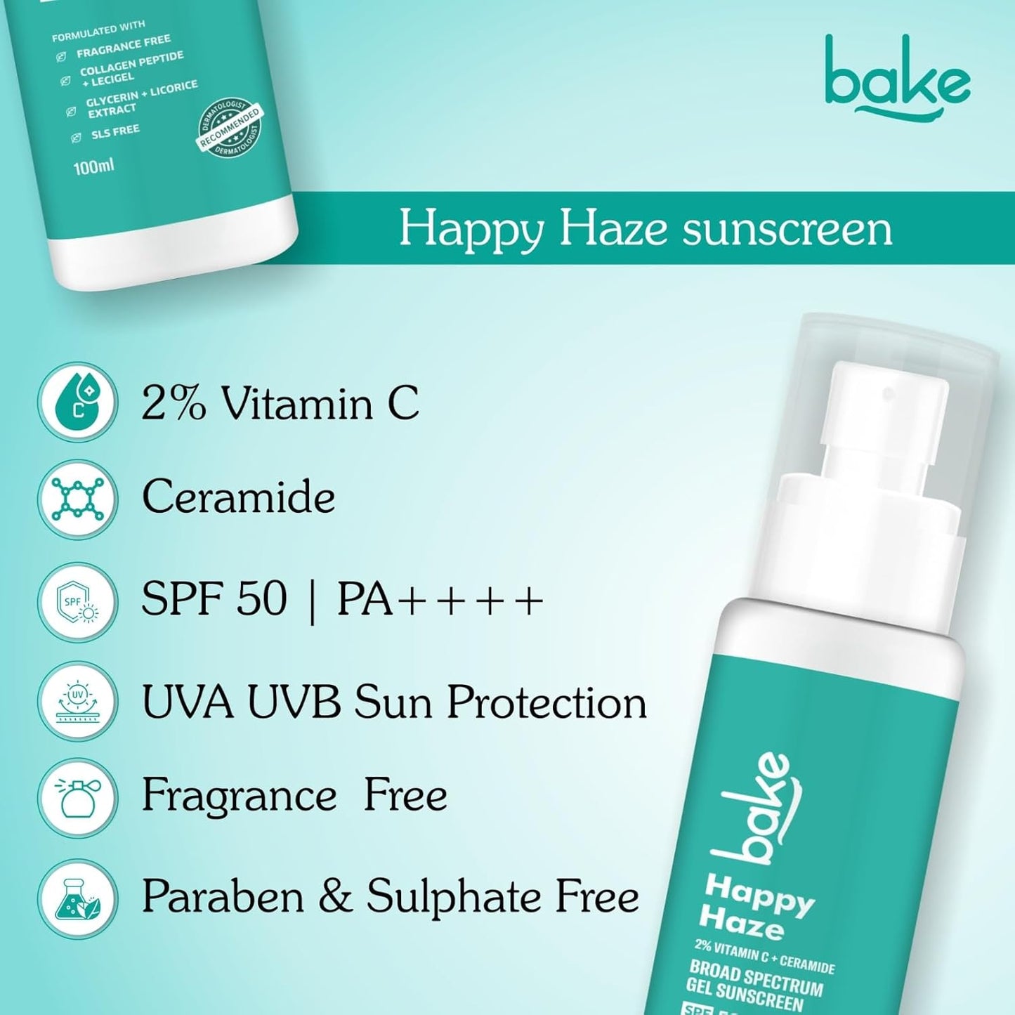 BAKE Happy Haze 100% Mineral Sunscreen SPF 50 PA++++ with 2% Vitamin C, Ceramide | For UV A/B &Blue Light Protection | Lightweight & Non-Greasy Sunscreen | 100ml