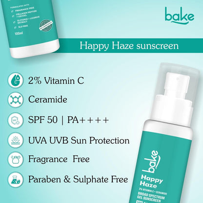 BAKE Happy Haze 100% Mineral Sunscreen SPF 50 PA++++ with 2% Vitamin C, Ceramide | For UV A/B &Blue Light Protection | Lightweight & Non-Greasy Sunscreen | 100ml