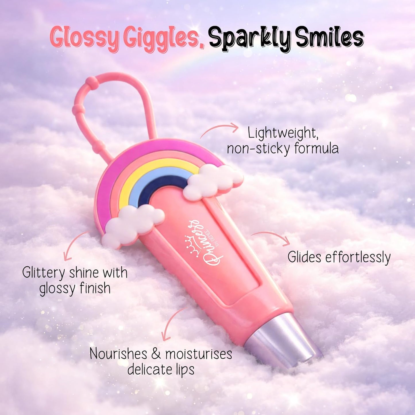 Pink lip gloss with rainbow design on a cloud background, featuring text about product features.